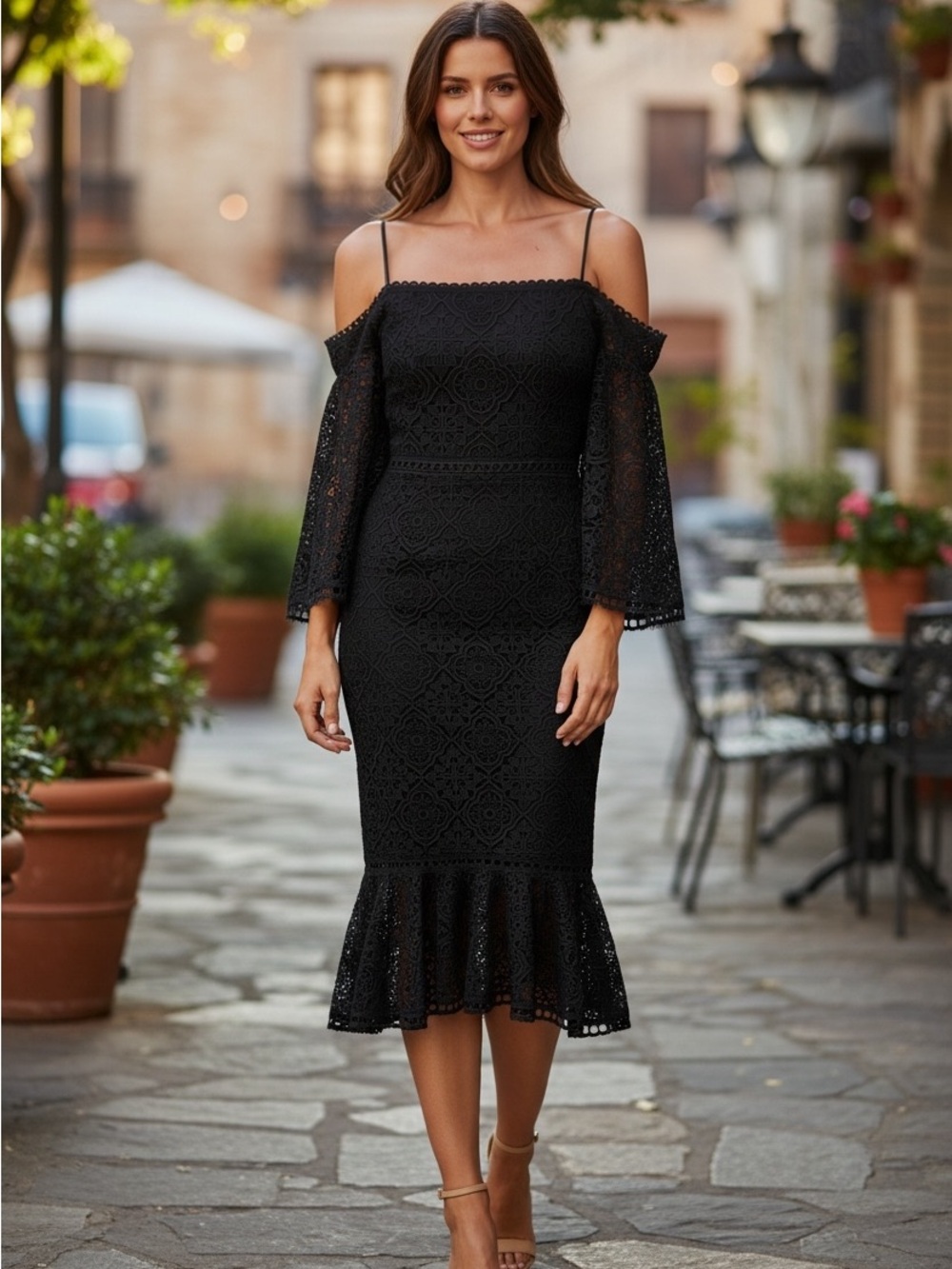 NICHOLAS Black Strapless Lace Midi Dress with Ruffle Hem